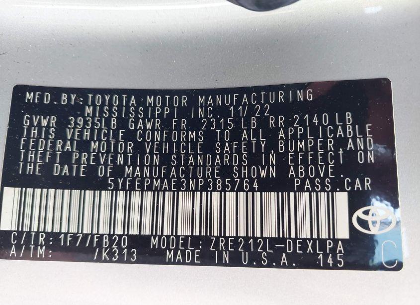 Photo 9 of 2022 Toyota Corolla LE (VIN 5YFEPMAE3NP385764)