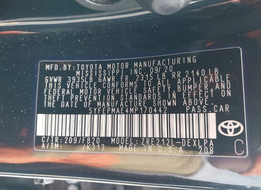 Photo 9 of 2021 Toyota Corolla LE (VIN 5YFEPMAE4MP170442)