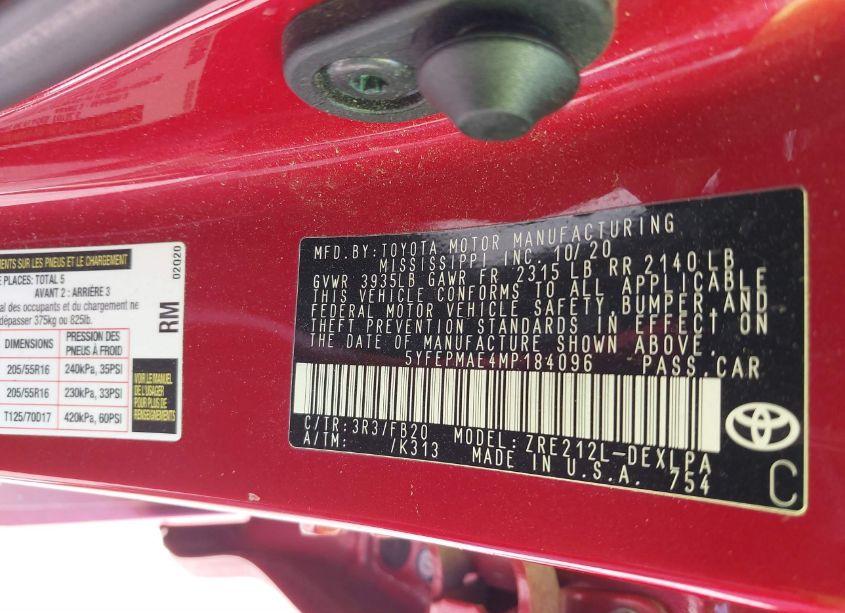 Photo 9 of 2021 Toyota Corolla LE (VIN 5YFEPMAE4MP184096)