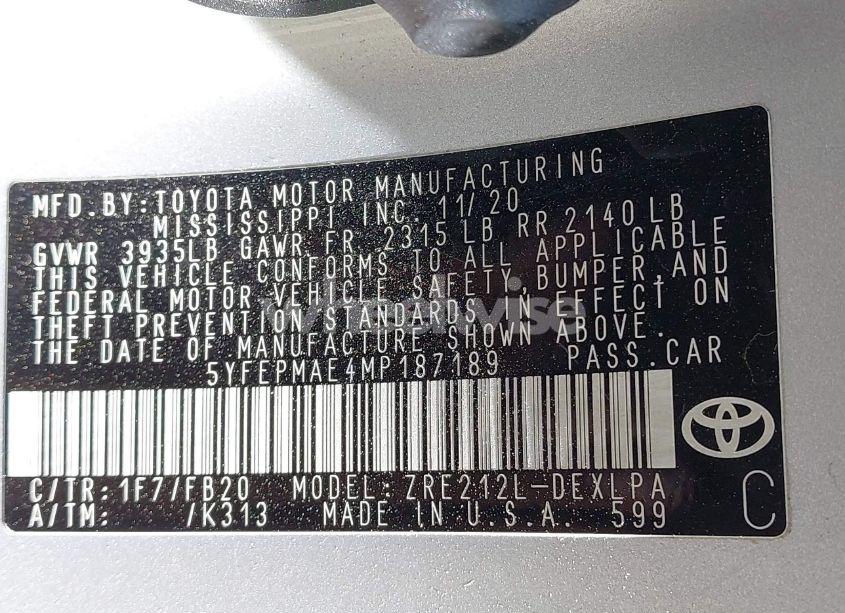 Photo 9 of 2021 Toyota Corolla LE (VIN 5YFEPMAE4MP187189)