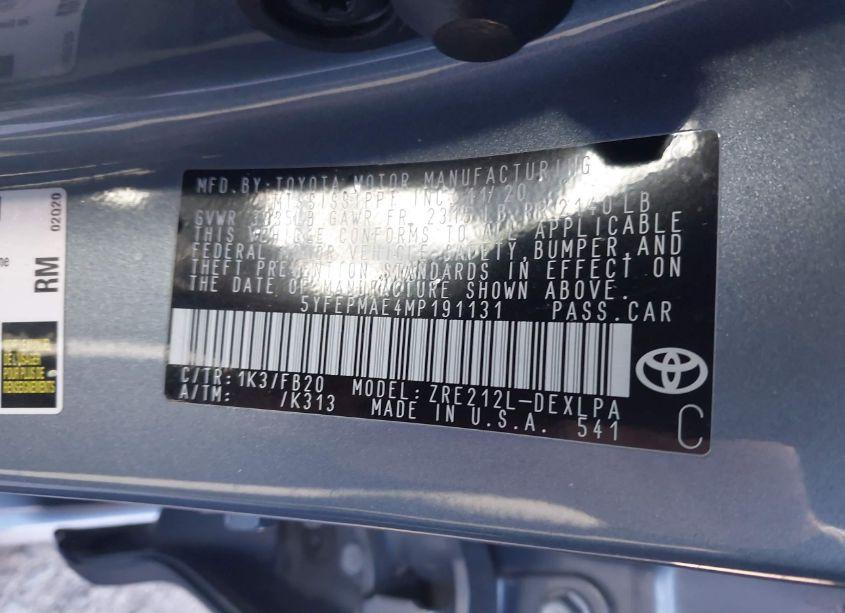 Photo 9 of 2021 Toyota Corolla LE (VIN 5YFEPMAE4MP191131)