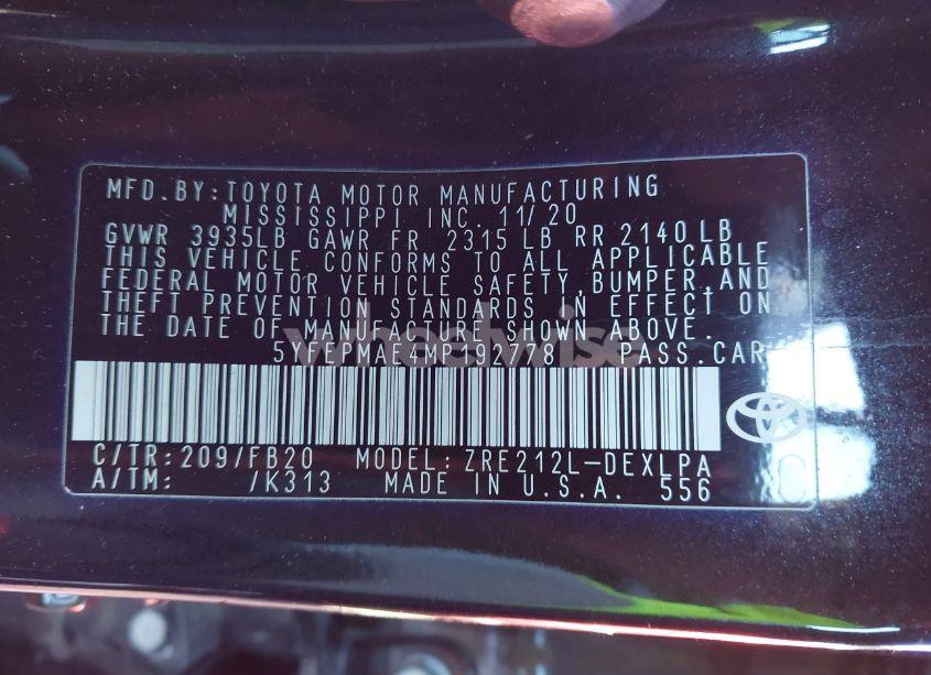 Photo 9 of 2021 Toyota Corolla LE (VIN 5YFEPMAE4MP192778)