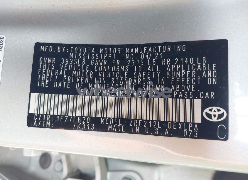 Photo 9 of 2021 Toyota Corolla LE (VIN 5YFEPMAE4MP242742)