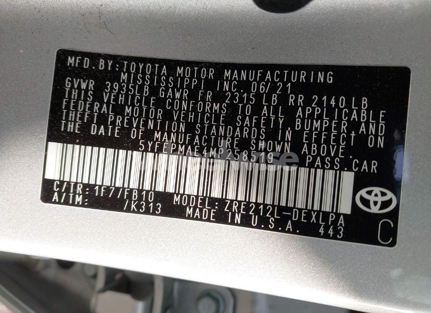 Photo 9 of 2021 Toyota Corolla LE (VIN 5YFEPMAE4MP258519)