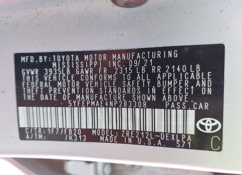 Photo 9 of 2022 Toyota Corolla LE (VIN 5YFEPMAE4NP283308)