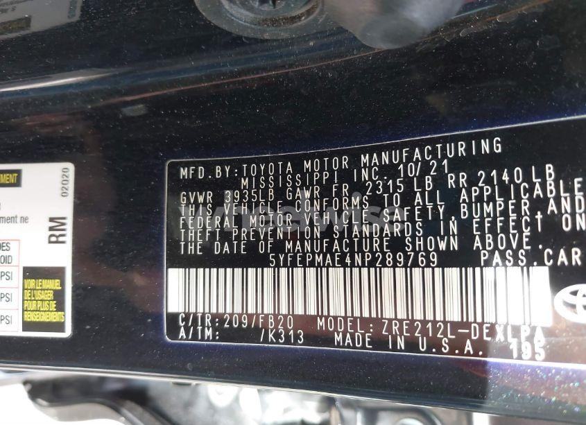 Photo 9 of 2022 Toyota Corolla LE (VIN 5YFEPMAE4NP289769)