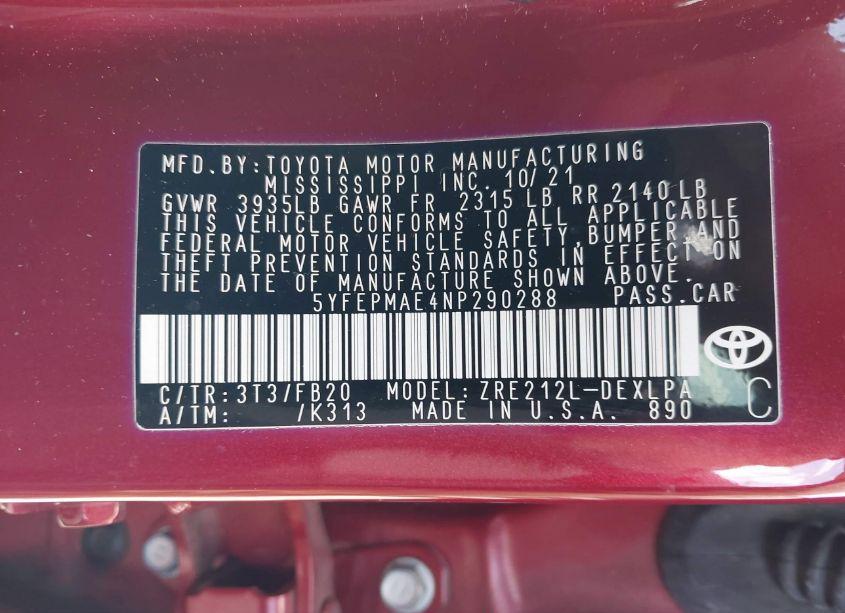 Photo 9 of 2022 Toyota Corolla LE (VIN 5YFEPMAE4NP290288)