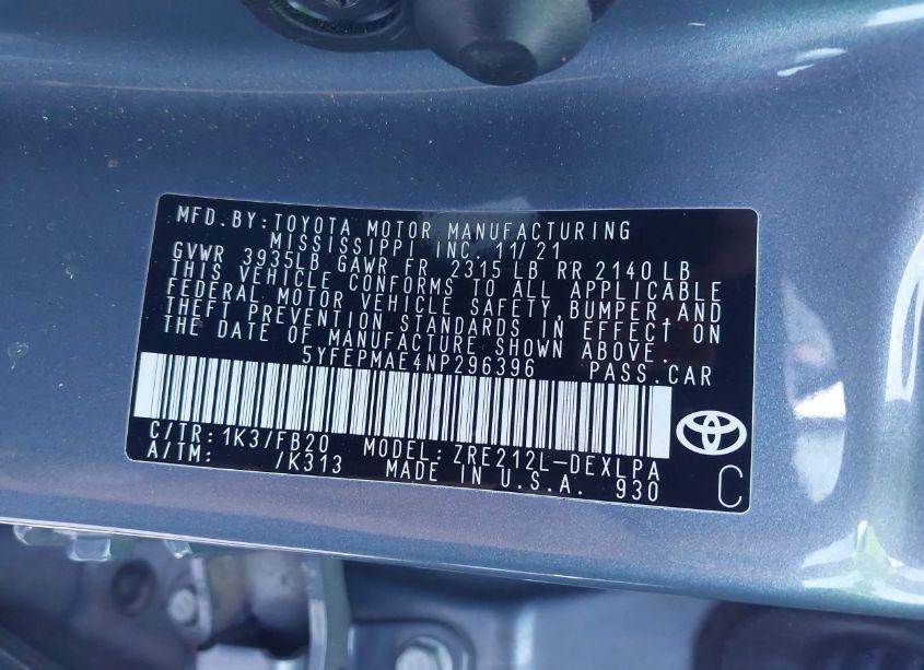 Photo 9 of 2022 Toyota Corolla LE (VIN 5YFEPMAE4NP296396)