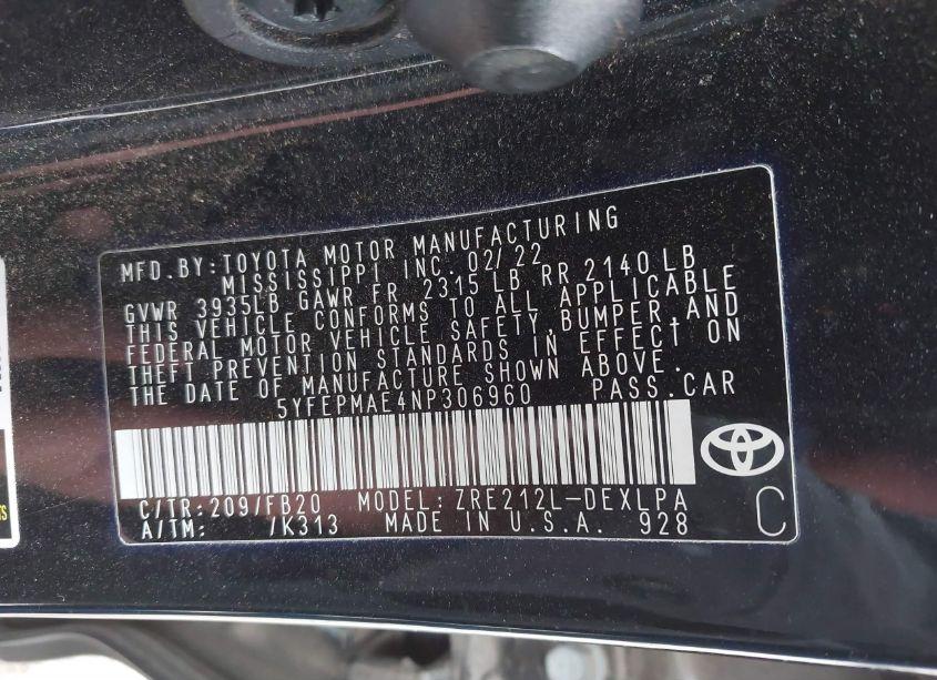 Photo 9 of 2022 Toyota Corolla LE (VIN 5YFEPMAE4NP306960)