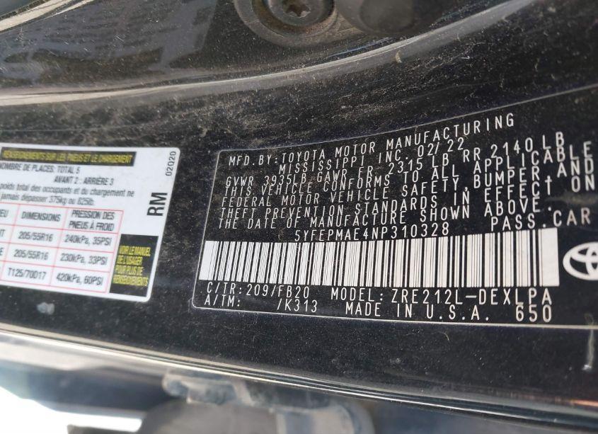 Photo 9 of 2022 Toyota Corolla LE (VIN 5YFEPMAE4NP310328)