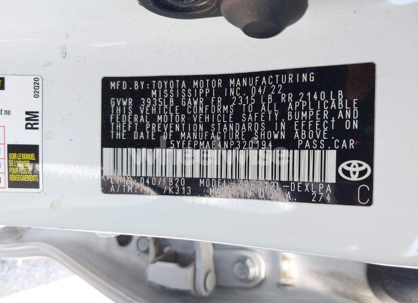 Photo 9 of 2022 Toyota Corolla LE (VIN 5YFEPMAE4NP320194)