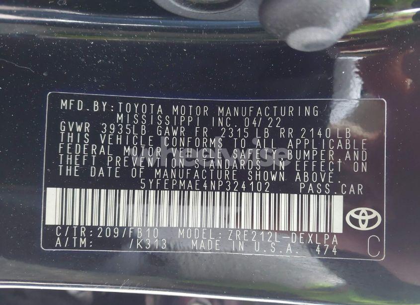 Photo 9 of 2022 Toyota Corolla LE (VIN 5YFEPMAE4NP324102)