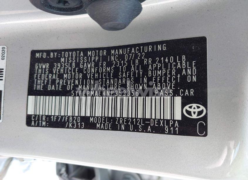 Photo 9 of 2022 Toyota Corolla LE (VIN 5YFEPMAE4NP353356)