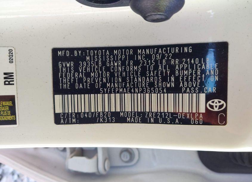 Photo 9 of 2022 Toyota Corolla LE (VIN 5YFEPMAE4NP365054)