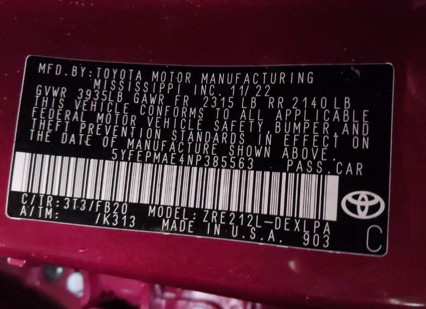 Photo 9 of 2022 Toyota Corolla LE (VIN 5YFEPMAE4NP385563)