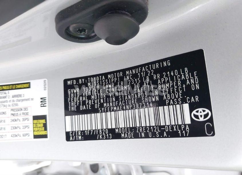 Photo 9 of 2022 Toyota Corolla LE (VIN 5YFEPMAE4NP387314)