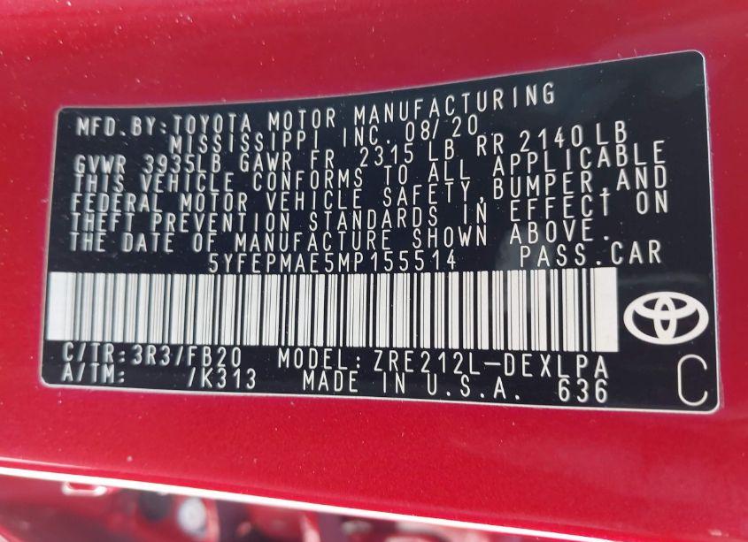 Photo 9 of 2021 Toyota Corolla LE (VIN 5YFEPMAE5MP155514)