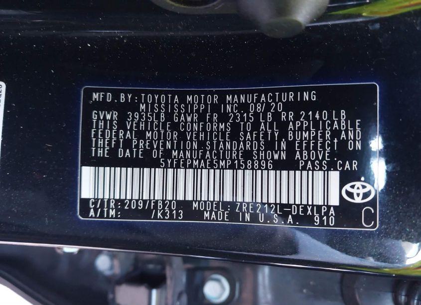 Photo 9 of 2021 Toyota Corolla LE (VIN 5YFEPMAE5MP158896)