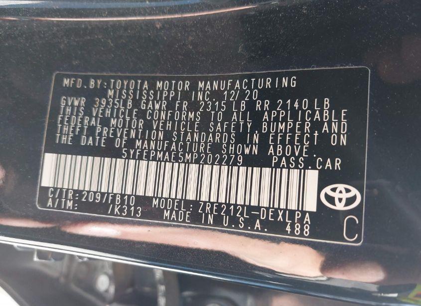 Photo 9 of 2021 Toyota Corolla LE (VIN 5YFEPMAE5MP202279)