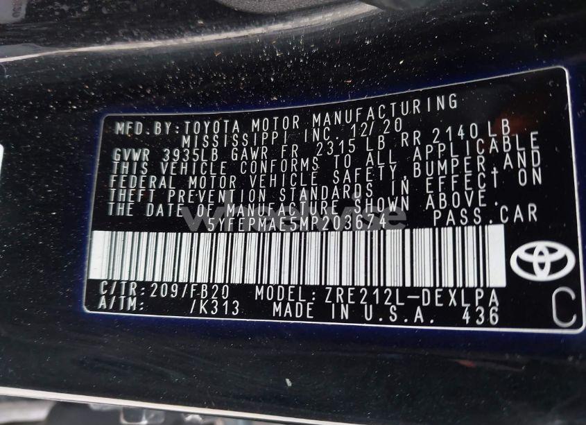 Photo 9 of 2021 Toyota Corolla LE (VIN 5YFEPMAE5MP203674)