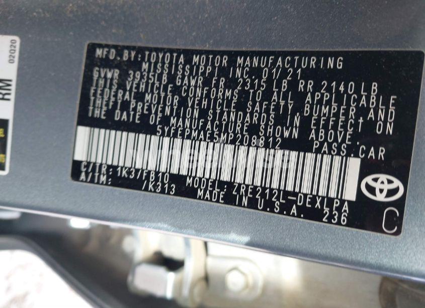 Photo 9 of 2021 Toyota Corolla LE (VIN 5YFEPMAE5MP208812)