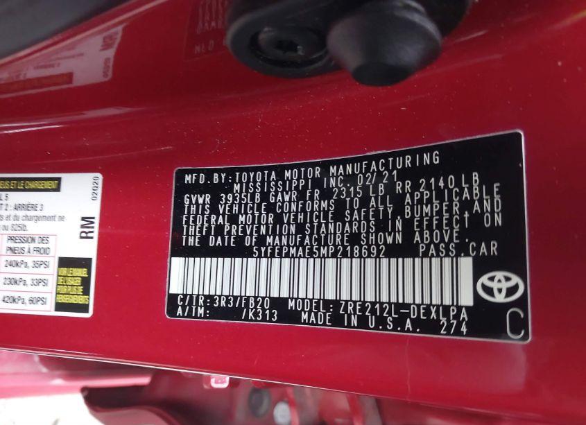 Photo 9 of 2021 Toyota Corolla LE (VIN 5YFEPMAE5MP218692)