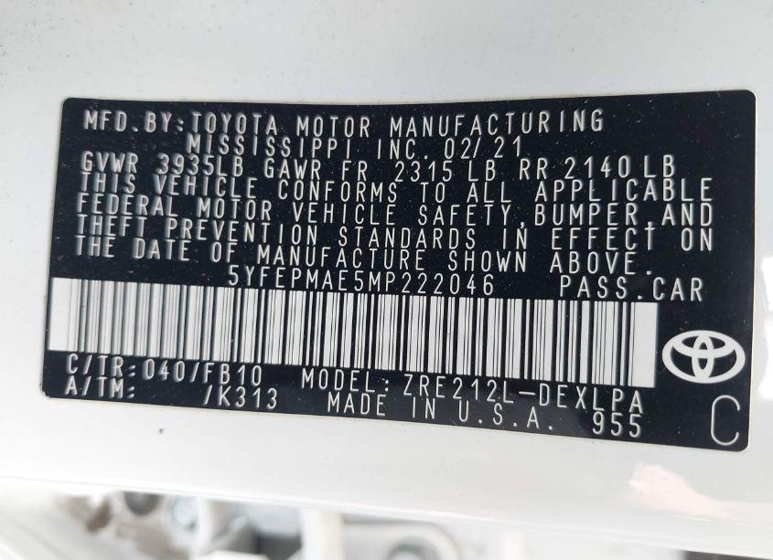 Photo 9 of 2021 Toyota Corolla LE (VIN 5YFEPMAE5MP222046)