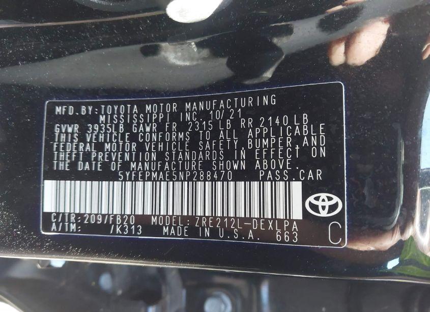 Photo 9 of 2022 Toyota Corolla LE (VIN 5YFEPMAE5NP288470)