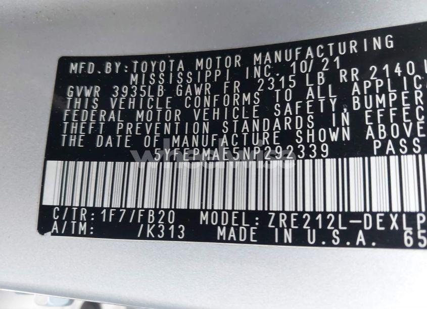 Photo 9 of 2022 Toyota Corolla LE (VIN 5YFEPMAE5NP292339)