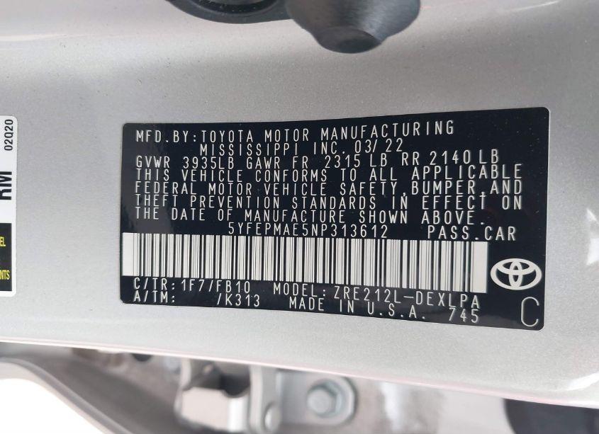 Photo 9 of 2022 Toyota Corolla LE (VIN 5YFEPMAE5NP313612)