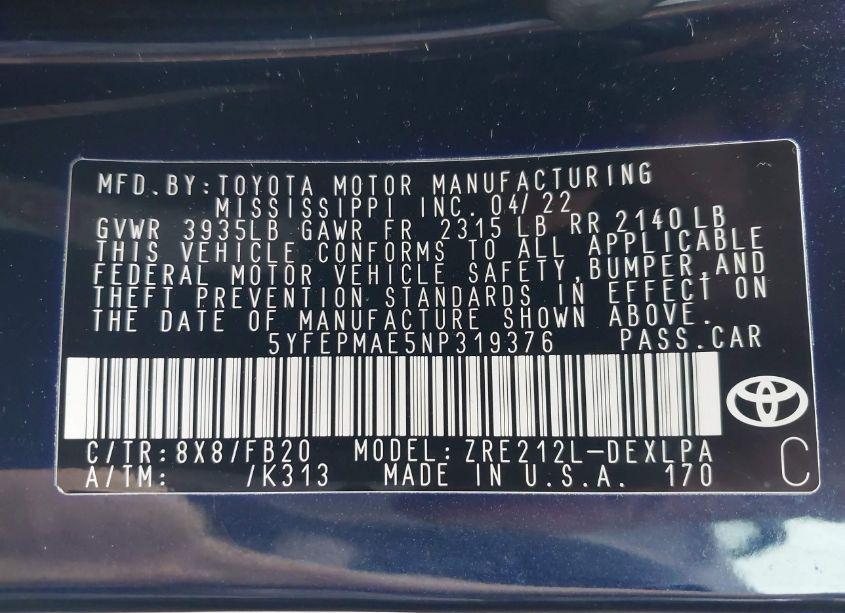 Photo 9 of 2022 Toyota Corolla LE (VIN 5YFEPMAE5NP319376)