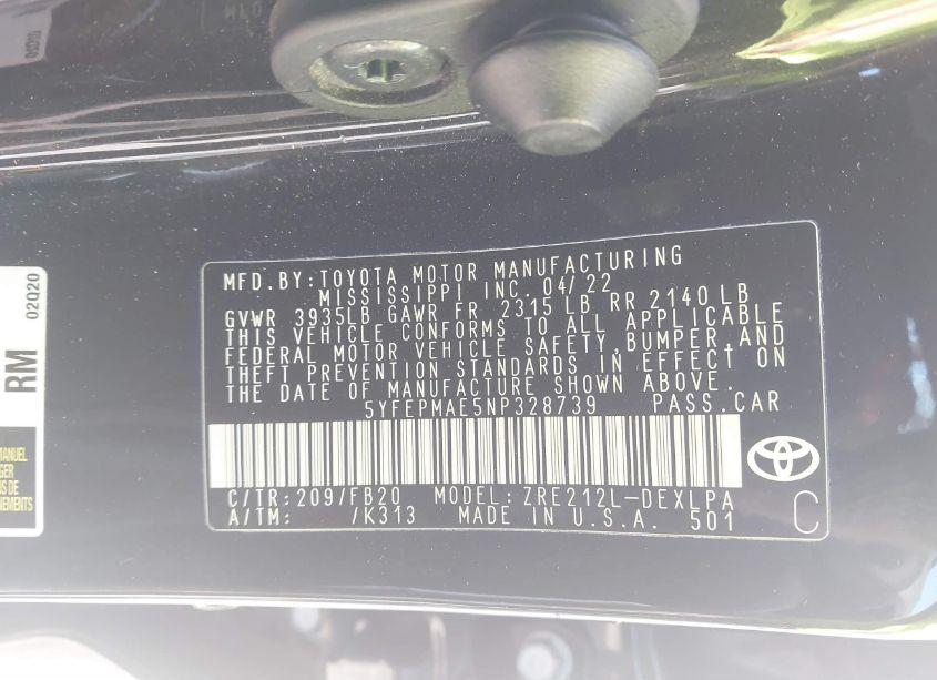 Photo 9 of 2022 Toyota Corolla LE (VIN 5YFEPMAE5NP328739)