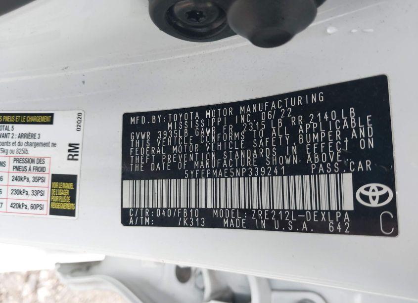 Photo 9 of 2022 Toyota Corolla LE (VIN 5YFEPMAE5NP339241)