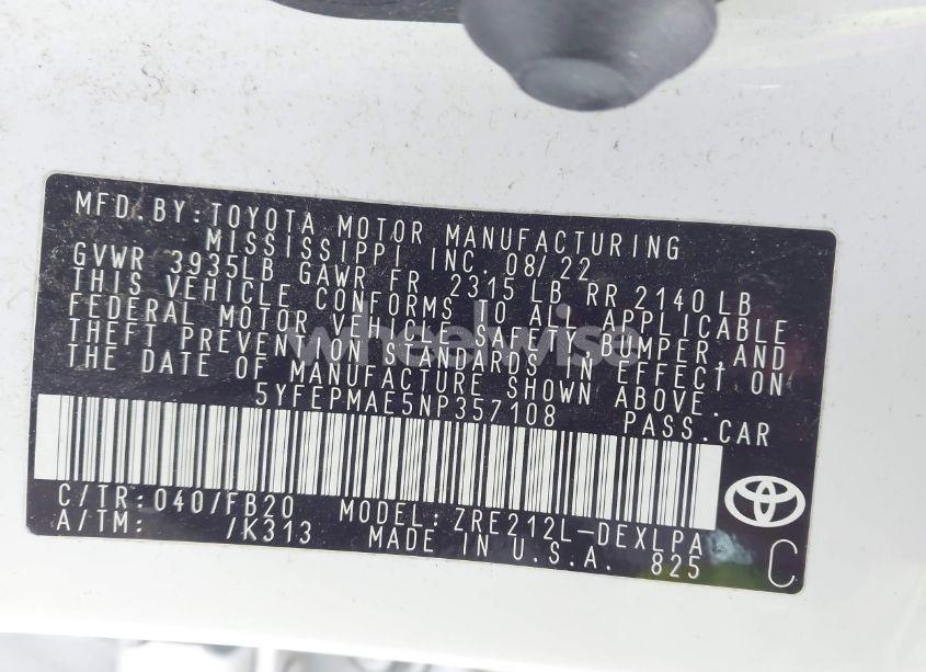 Photo 9 of 2022 Toyota Corolla LE (VIN 5YFEPMAE5NP357108)