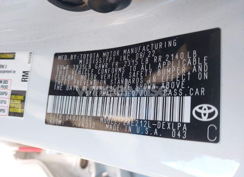 Photo 9 of 2022 Toyota Corolla LE (VIN 5YFEPMAE5NP360770)