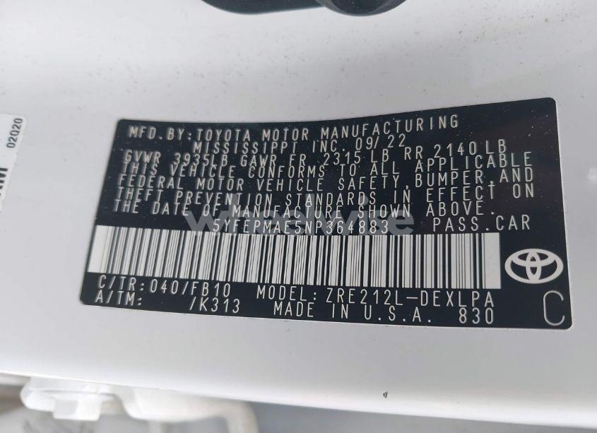 Photo 9 of 2022 Toyota Corolla LE (VIN 5YFEPMAE5NP364883)