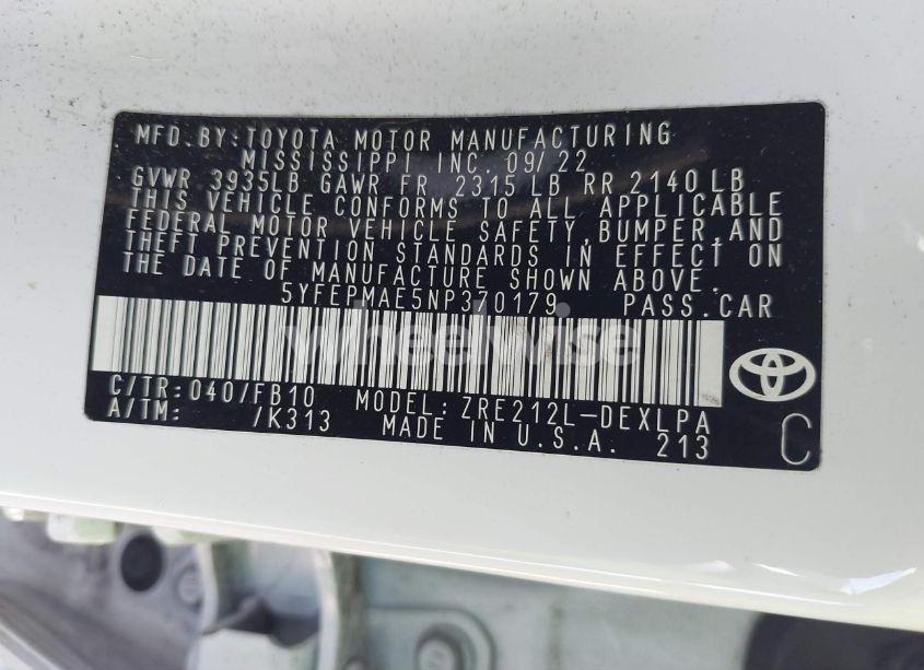 Photo 9 of 2022 Toyota Corolla LE (VIN 5YFEPMAE5NP370179)