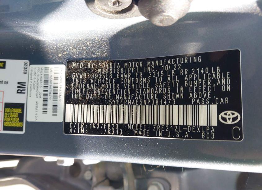 Photo 9 of 2022 Toyota Corolla LE (VIN 5YFEPMAE5NP381473)