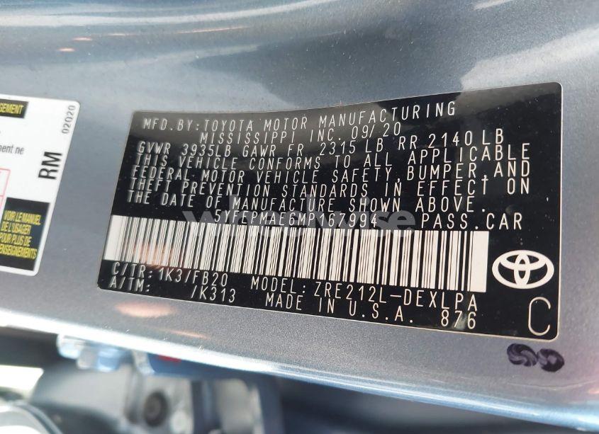 Photo 9 of 2021 Toyota Corolla LE (VIN 5YFEPMAE6MP167994)