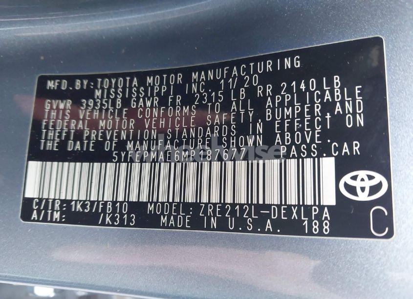 Photo 9 of 2021 Toyota Corolla LE (VIN 5YFEPMAE6MP187677)