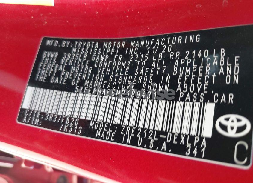 Photo 9 of 2021 Toyota Corolla LE (VIN 5YFEPMAE6MP189431)