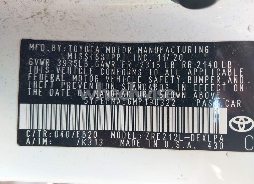 Photo 9 of 2021 Toyota Corolla LE (VIN 5YFEPMAE6MP190322)