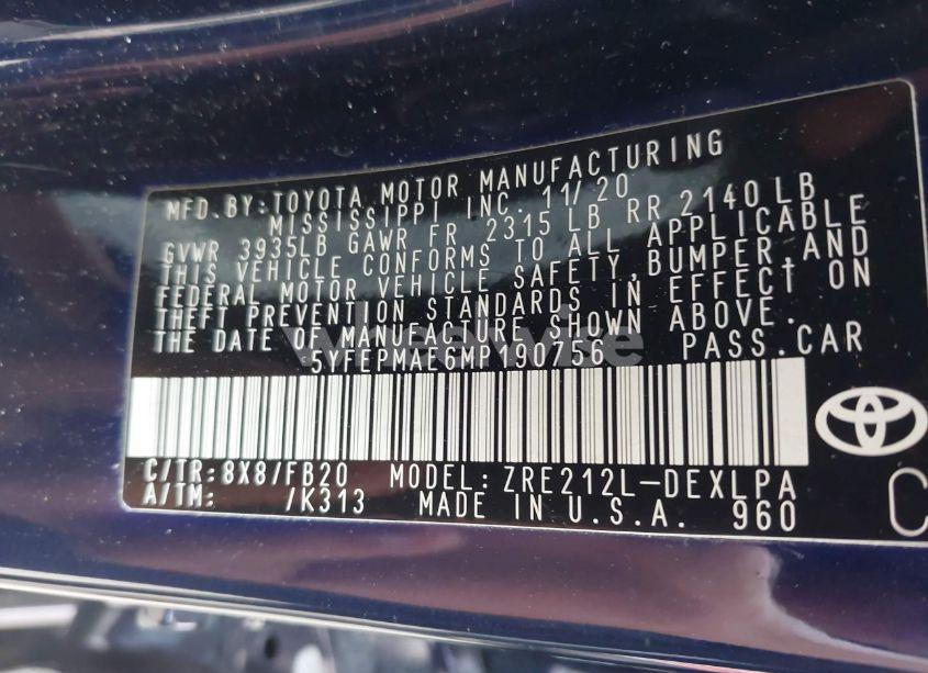 Photo 9 of 2021 Toyota Corolla LE (VIN 5YFEPMAE6MP190756)