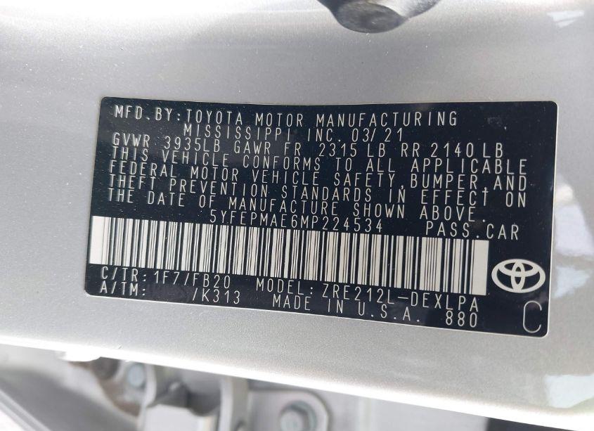 Photo 9 of 2021 Toyota Corolla LE (VIN 5YFEPMAE6MP224534)