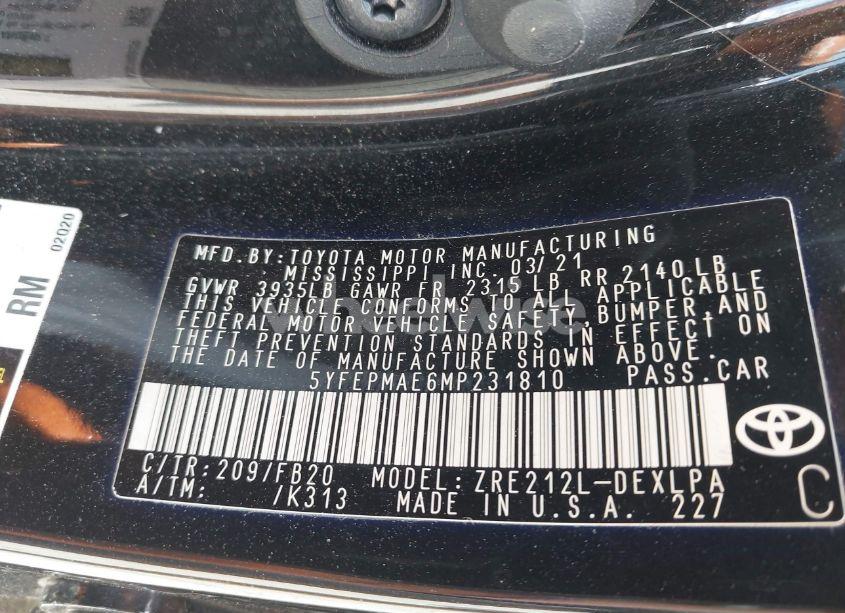 Photo 9 of 2021 Toyota Corolla LE (VIN 5YFEPMAE6MP231810)