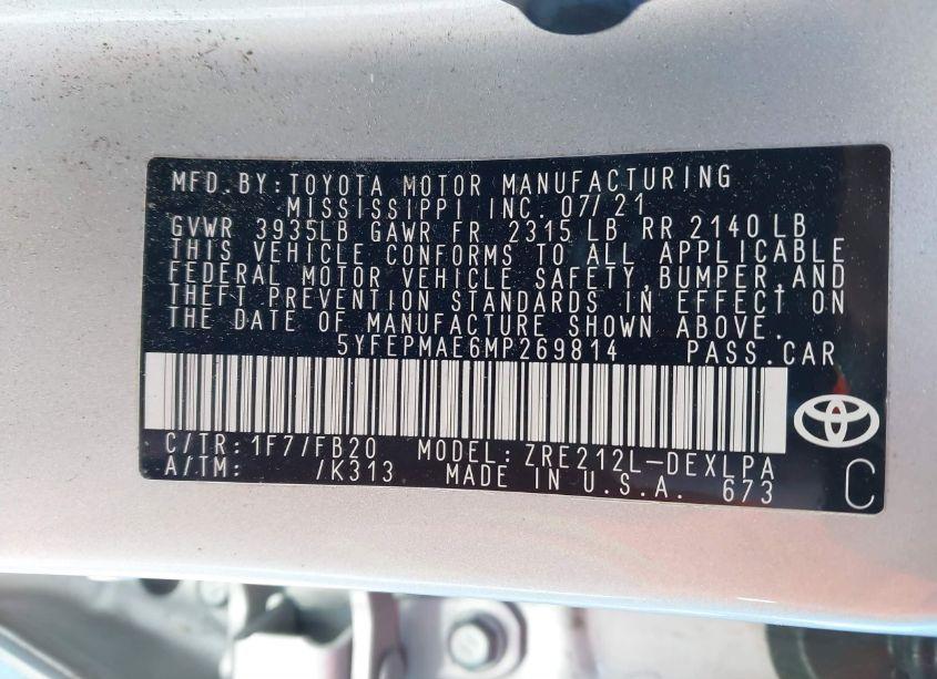 Photo 9 of 2021 Toyota Corolla LE (VIN 5YFEPMAE6MP269814)