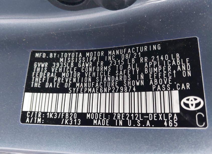 Photo 9 of 2022 Toyota Corolla LE (VIN 5YFEPMAE6NP279874)