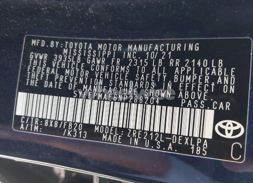 Photo 9 of 2022 Toyota Corolla LE (VIN 5YFEPMAE6NP288204)