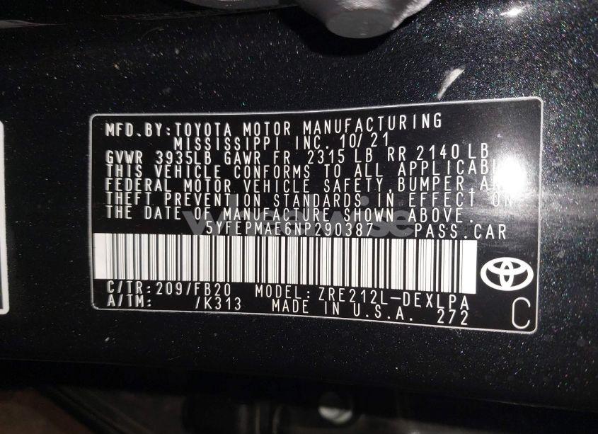 Photo 9 of 2022 Toyota Corolla LE (VIN 5YFEPMAE6NP290387)