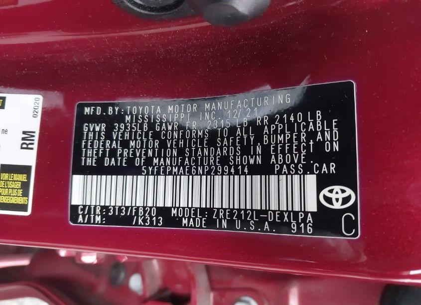 Photo 9 of 2022 Toyota Corolla LE (VIN 5YFEPMAE6NP299414)